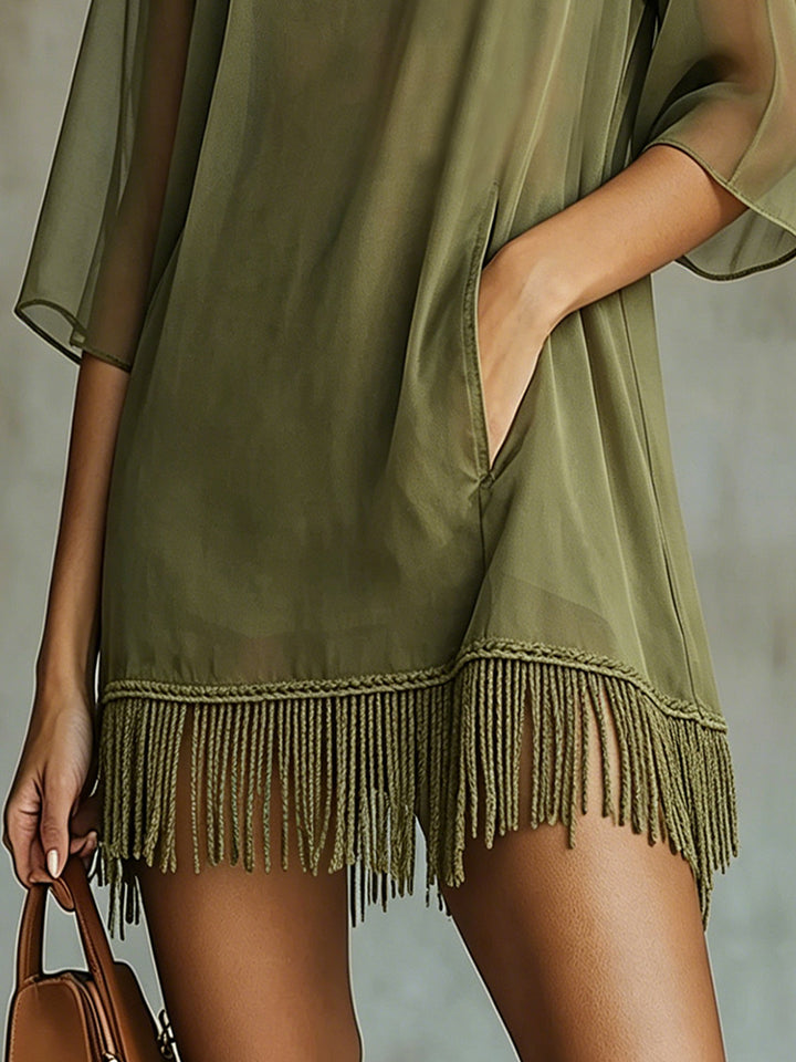 Olive Chiffon Mini Dress With Fringe Hem
