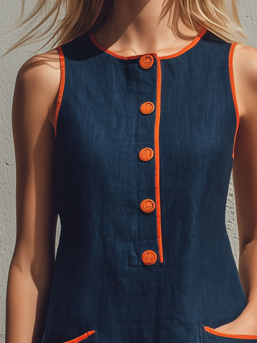 Casual Color-blocked Trim Sleeveless Mini Dress
