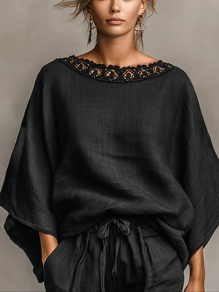 Minimalist Lace Boat Neck Blouse And Shorts Set