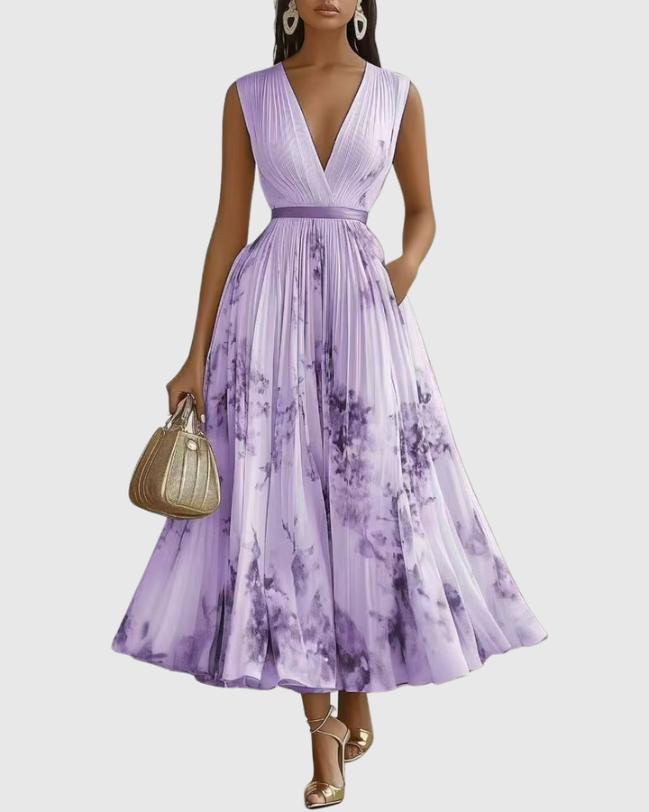 Rowella™ Elegant Pleated Maxi Dress – Defined Waist &amp; Flowy Silhouette