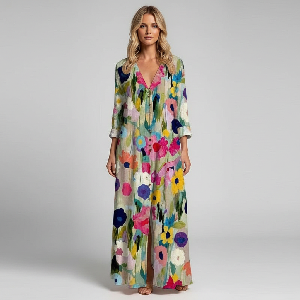 Maxi Dress for Women – Floral Print V-Neck | Long Sleeve & Front Slit