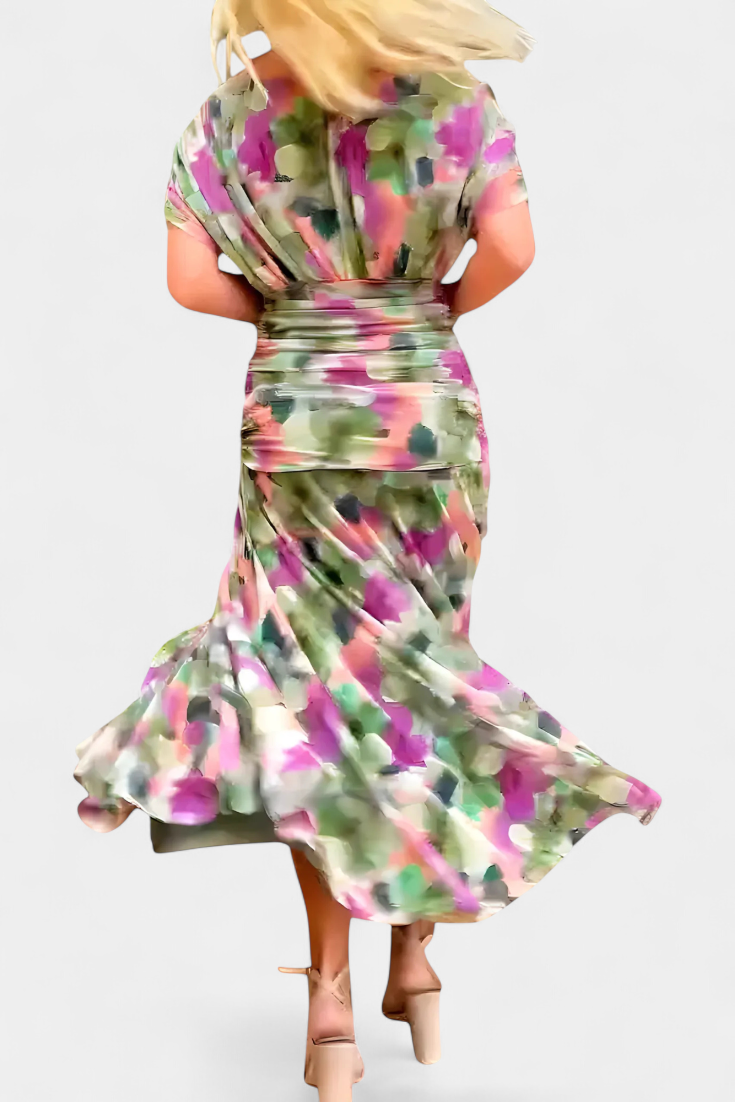 Elegant Knee Length Dress Deep V Neck Ruched Waist