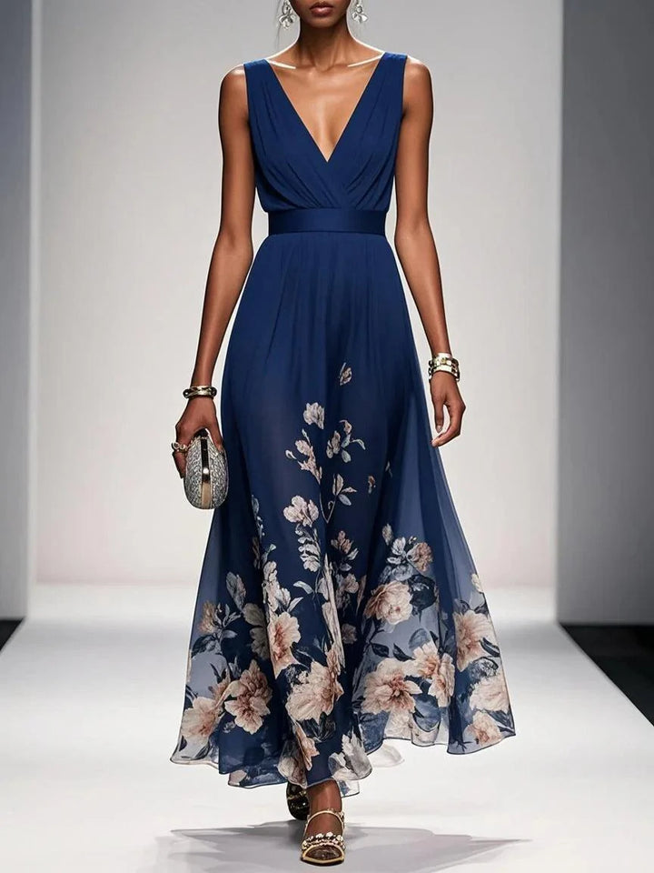 Light Blue Floral Chiffon V Neck Sleeveless A-Line Maxi Dress