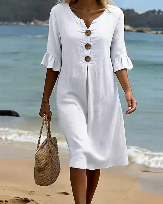 BreezeLinen™ Floral Cotton Midi Dress – Breathable Fit & Effortless Summer Style