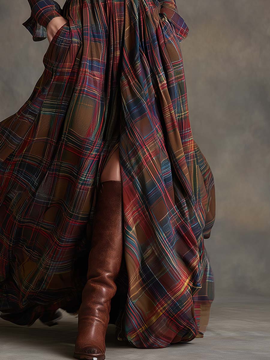 Monica | Brown Plaid Maxi Dress (With Belt)