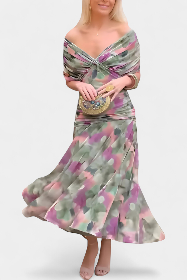 Elegant Knee Length Dress Deep V Neck Ruched Waist