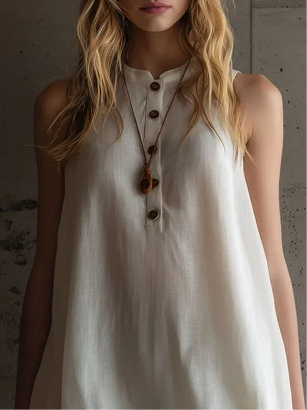 Minimalist Faux Cotton-Linen Mini Dress with Lace Trim