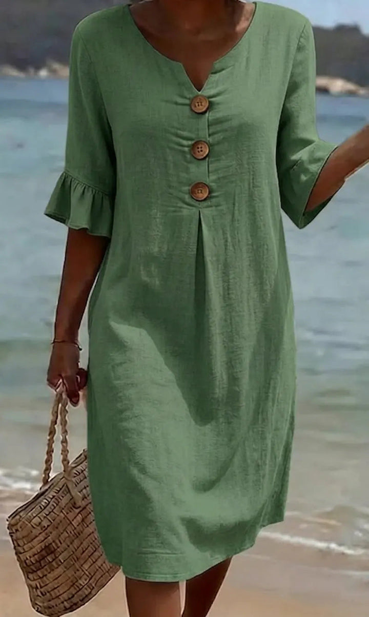 BreezeLinen™ Floral Cotton Midi Dress – Breathable Fit & Effortless Summer Style