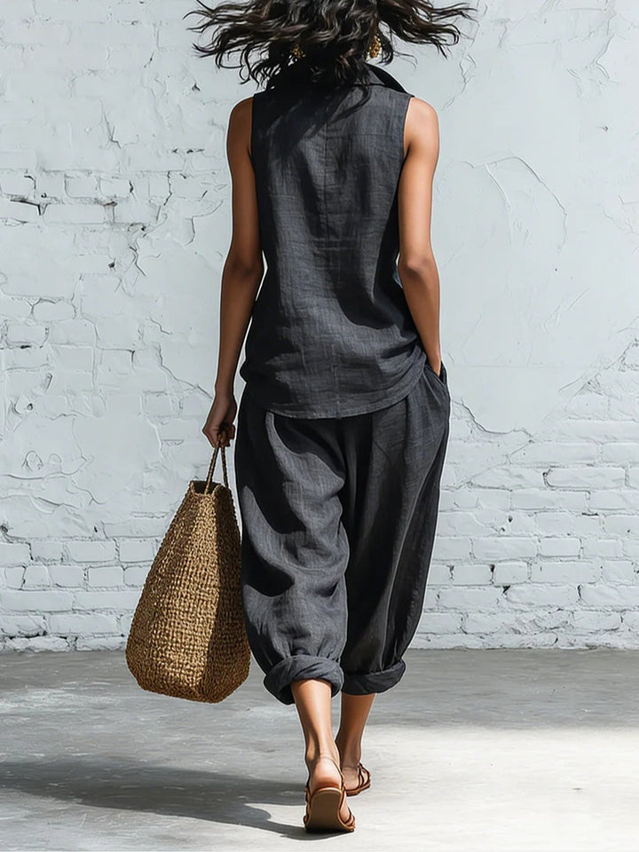 Simple collared shirt and wide-leg pants two-piece set