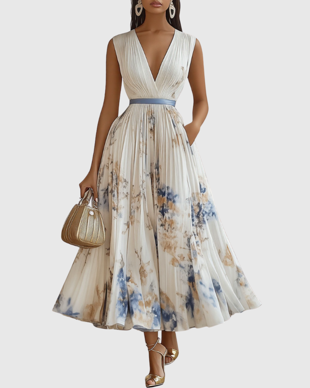 Rowella™ Elegant Pleated Maxi Dress – Defined Waist &amp; Flowy Silhouette