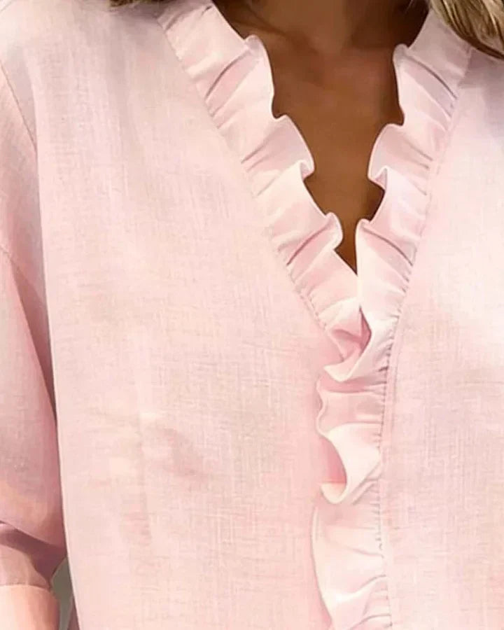 Ruffled V Neck Blouse Relaxed Fit Lightweight Fabric
