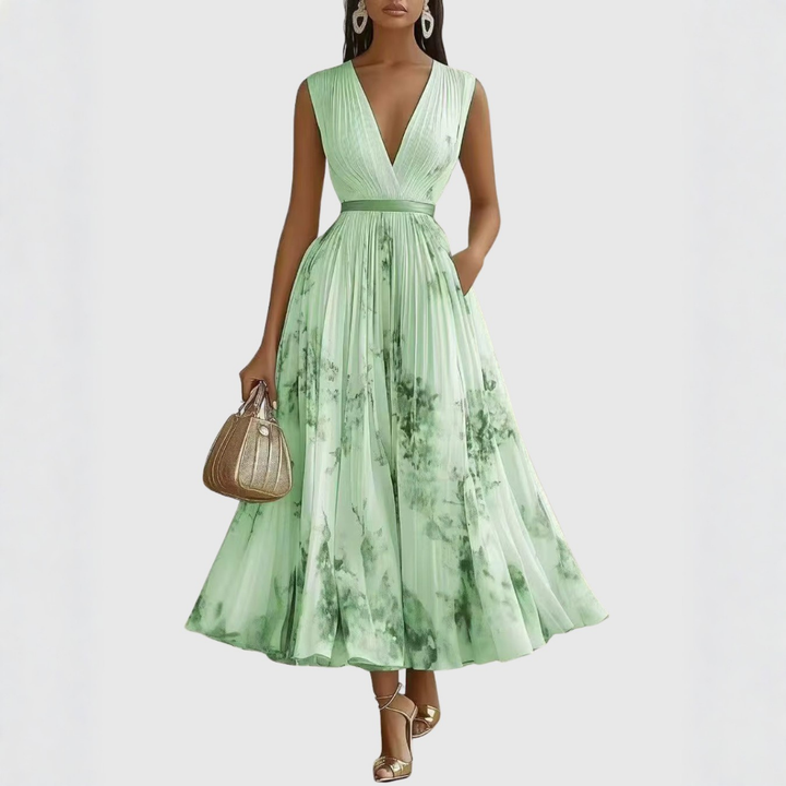 Rowella™ Elegant Pleated Maxi Dress – Defined Waist &amp; Flowy Silhouette