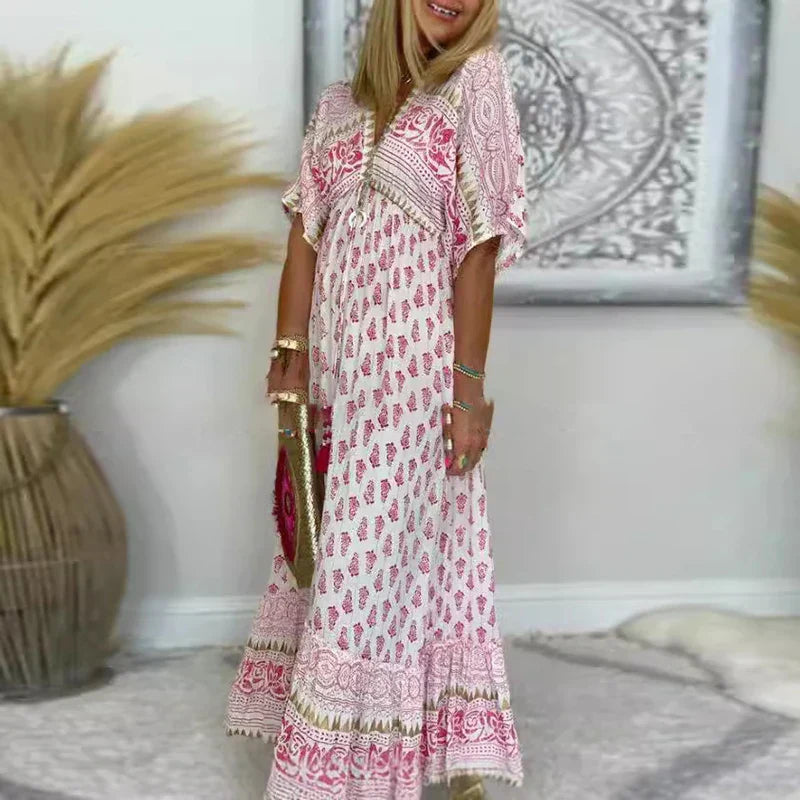 Maxi Dress for Women – Boho Print V-Neck | Loose Fit & Short Sleeves