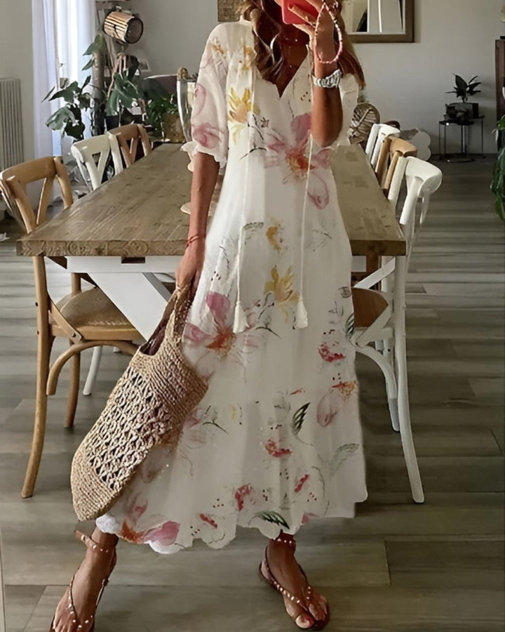 Maxi Dress for Women – Boho V-Neck | Tassel Tie & Short Sleeves