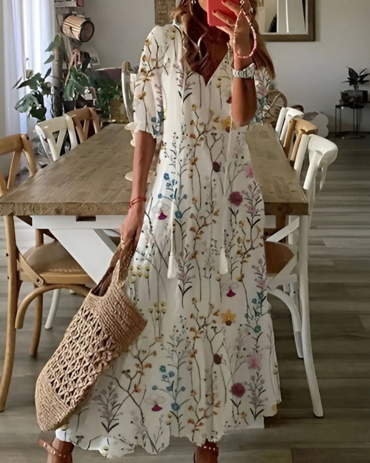 Maxi Dress for Women – Boho V-Neck | Tassel Tie & Short Sleeves