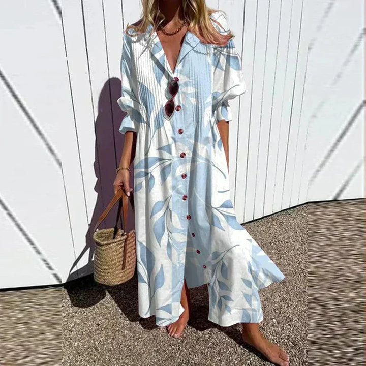 Maxi Dress for Women – Floral Print V-Neck | Long Sleeve & Front Slit