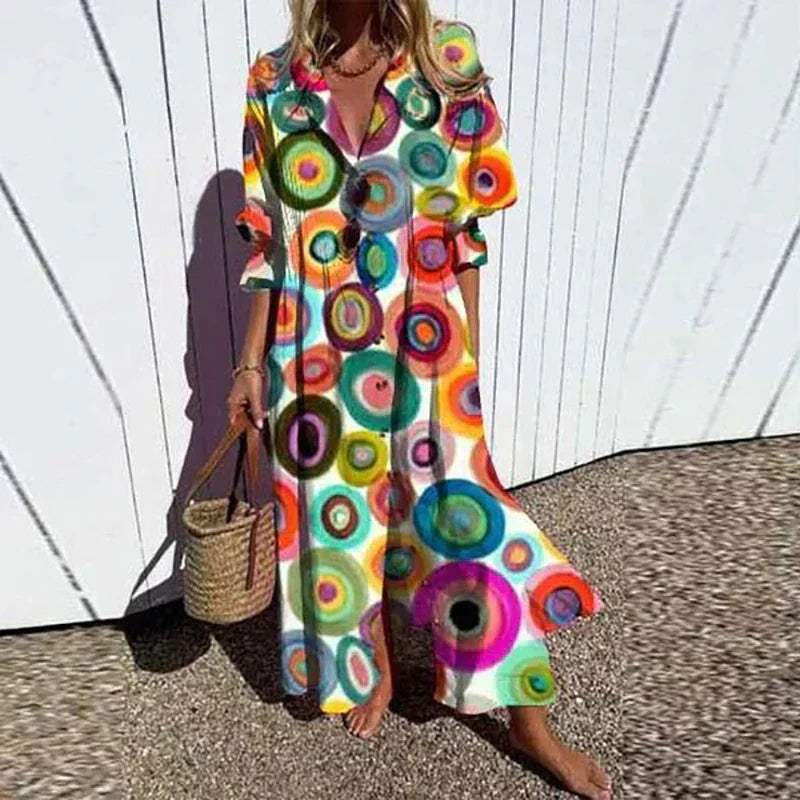 Maxi Dress for Women – Floral Print V-Neck | Long Sleeve & Front Slit