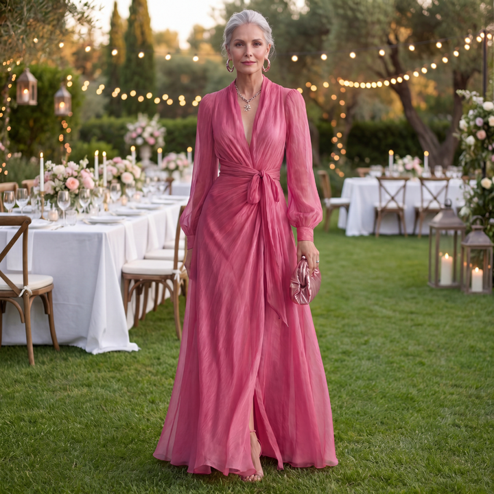 June | Elegant Pearl V-Neck Maxi Dress