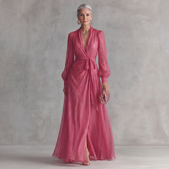June | Elegant Pearl V-Neck Maxi Dress