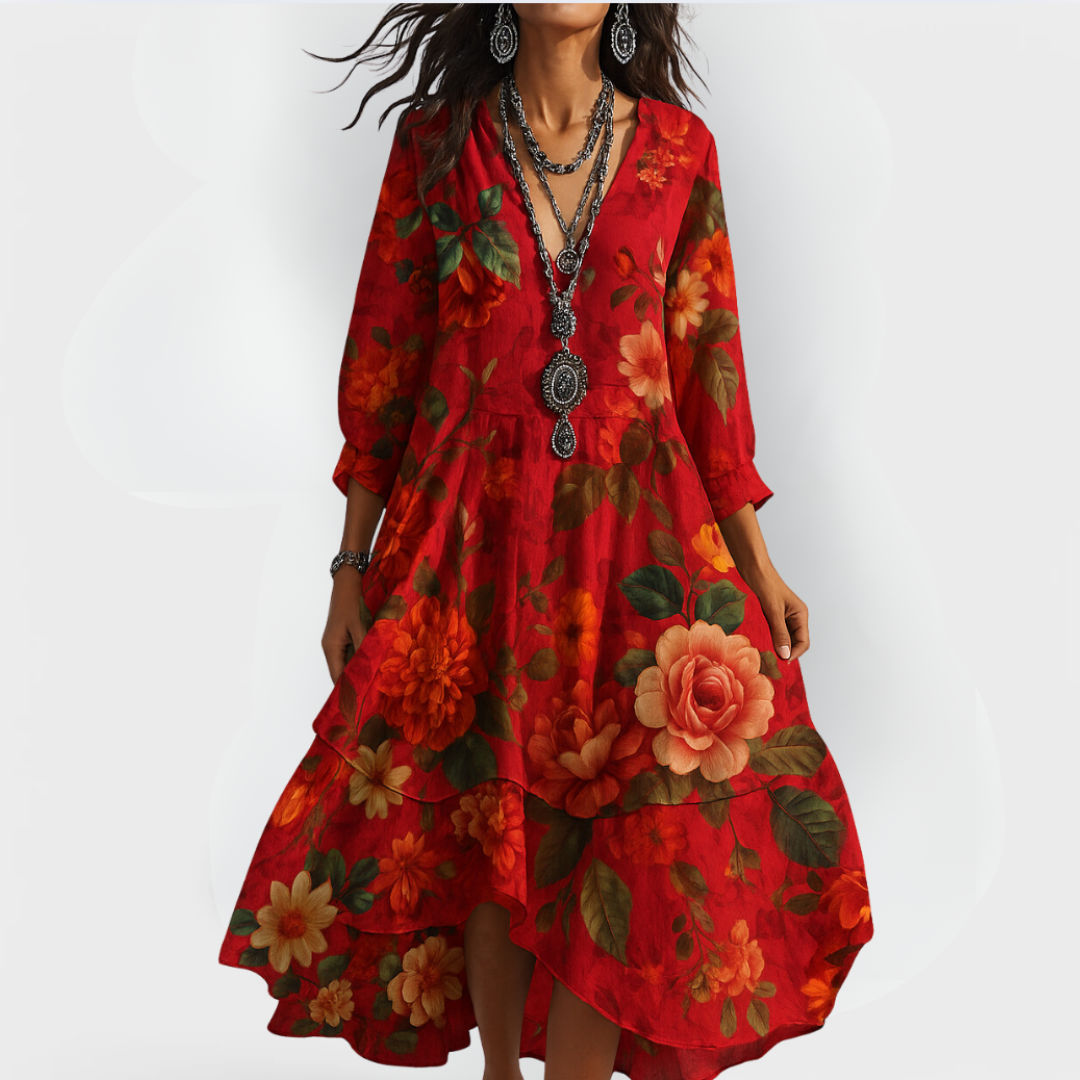 Summer Dresses for Women – V-Neck Floral Print | Tiered Hem & 3/4 Sleeves