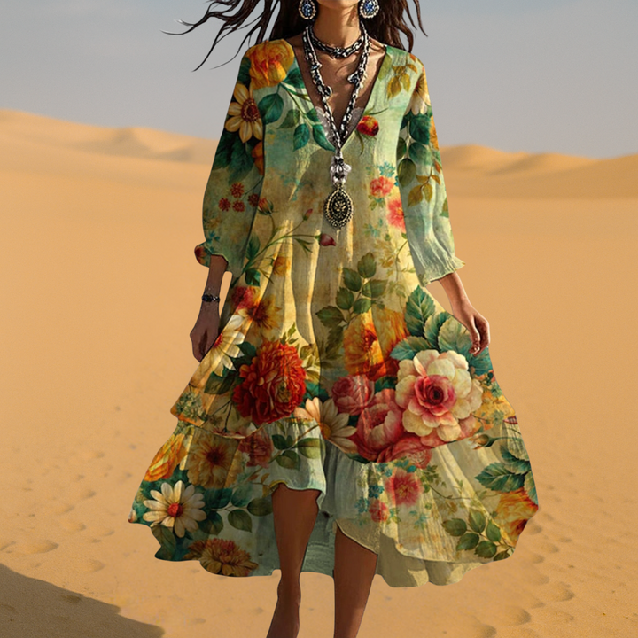 Summer Dresses for Women – V-Neck Floral Print | Tiered Hem & 3/4 Sleeves