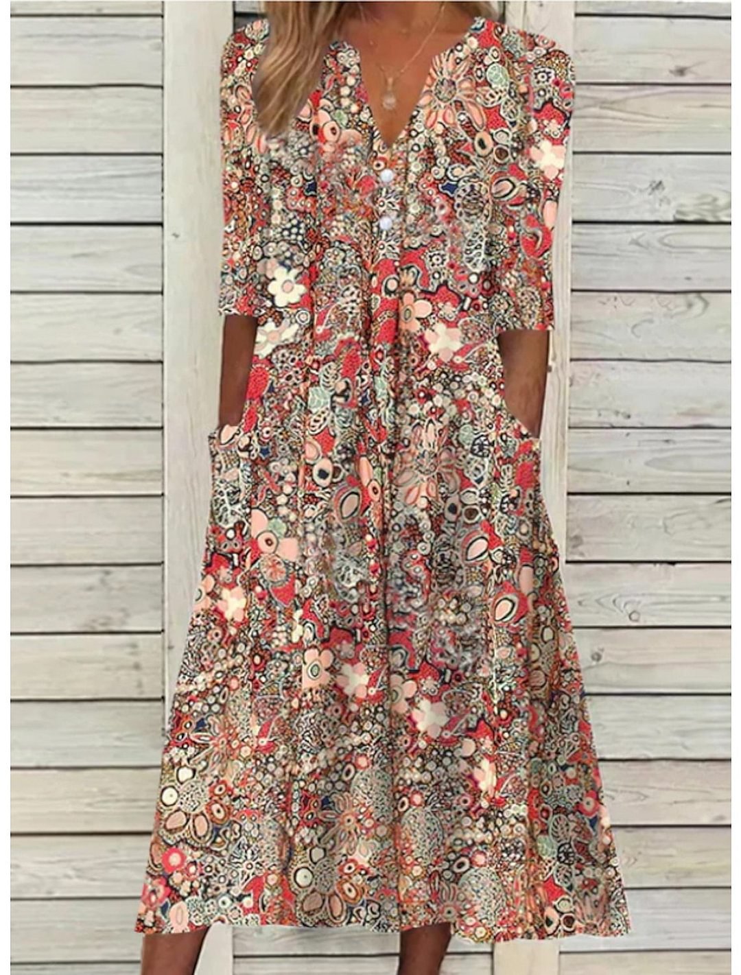 Summer Dresses for Women – V-Neck Printed Design | Relaxed Fit & Side Pockets