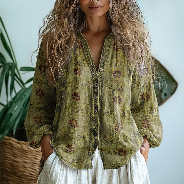 Nona™ - Vintage Leaf Print Blouse