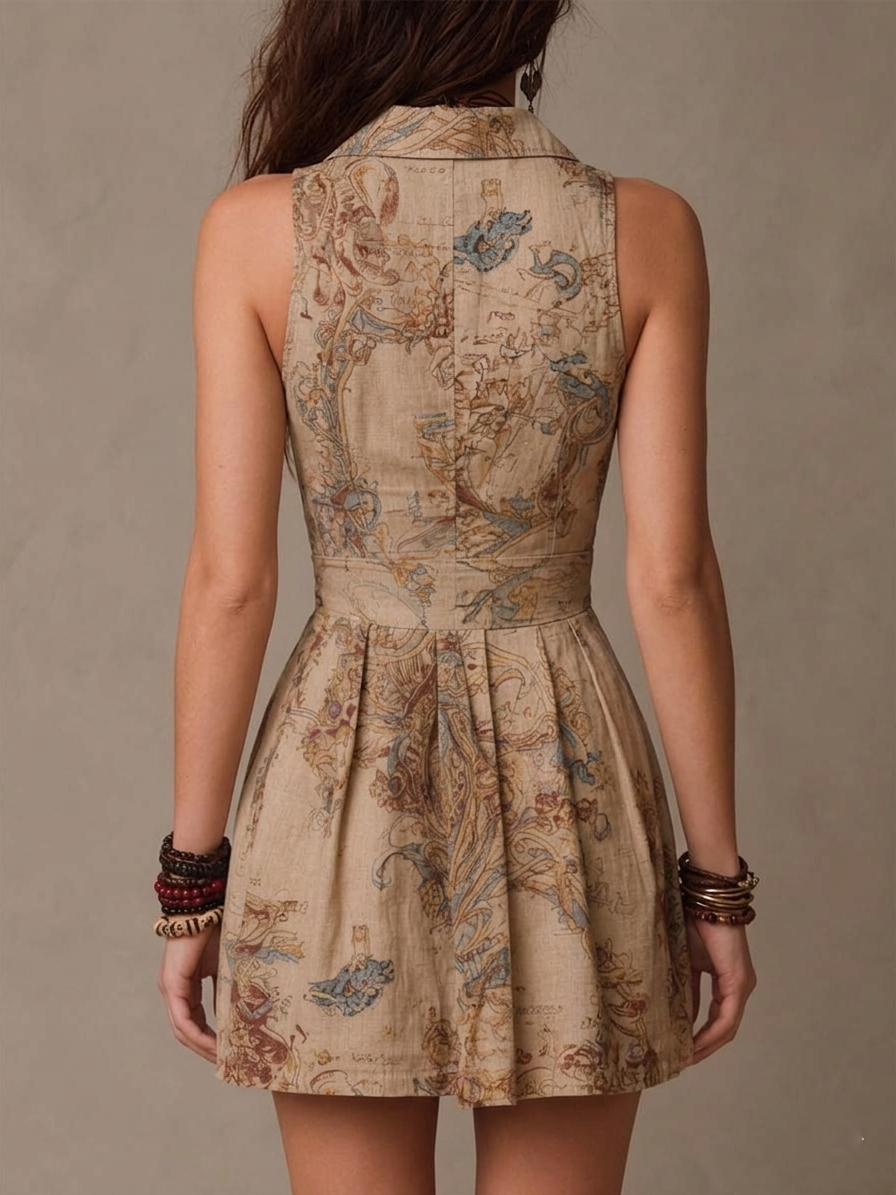 Bohemian Baroque Print Collared V-Neck Button-Up Mini Dress