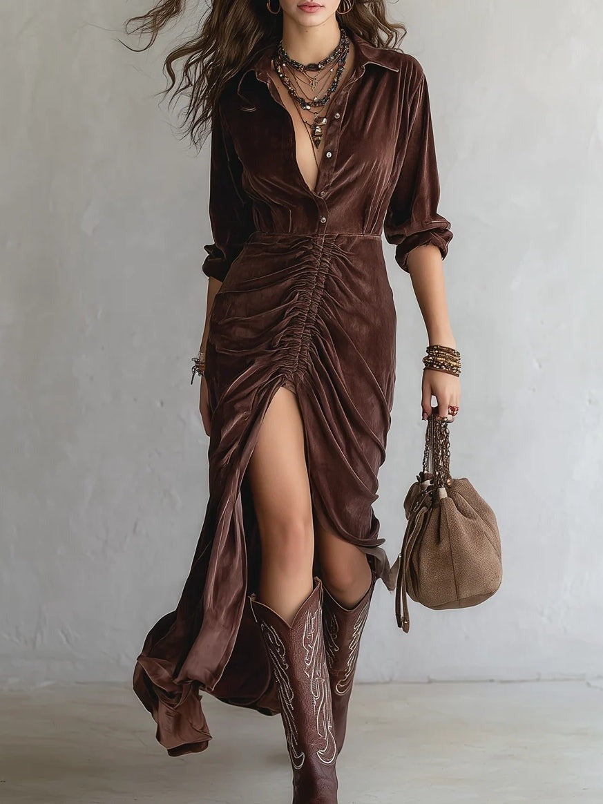 Zara | Buttoned Pleated Velvet Midi Dress