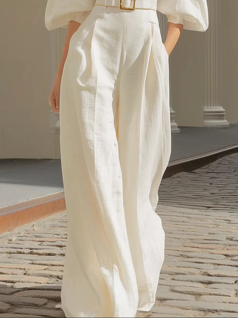White V-neck lantern sleeve wide-leg jumpsuit（Includes belt）