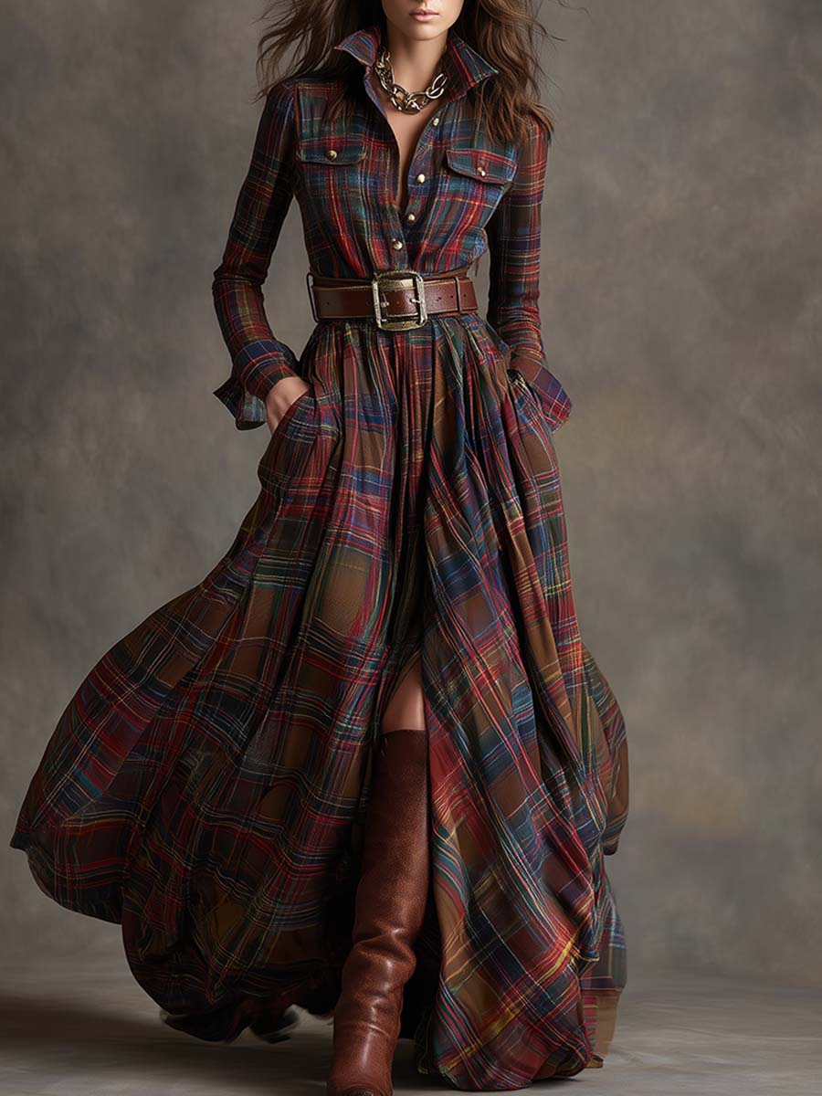 Monica | Brown Plaid Maxi Dress (With Belt)