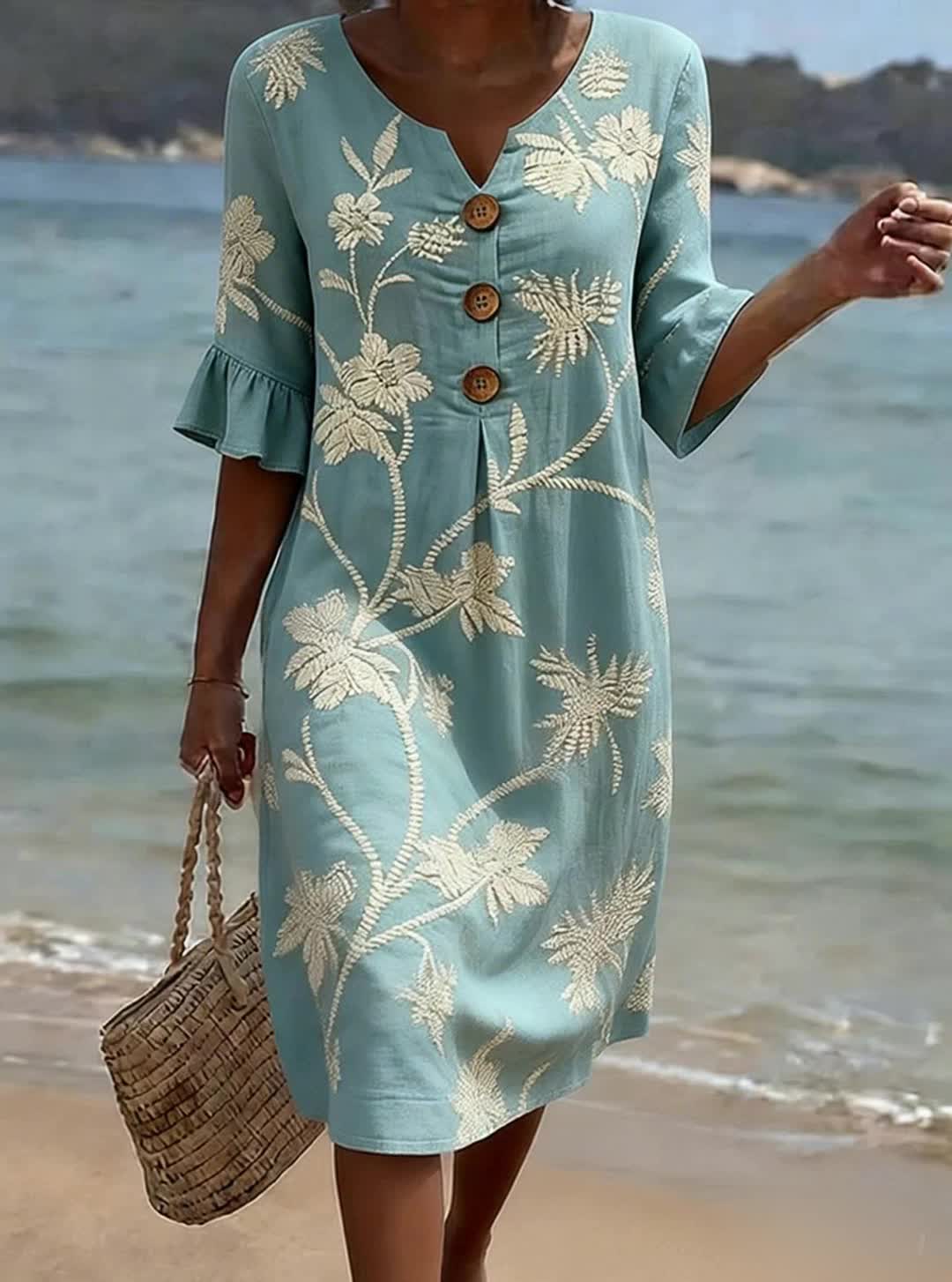BreezeLinen™ Floral Cotton Midi Dress – Breathable Fit & Effortless Summer Style