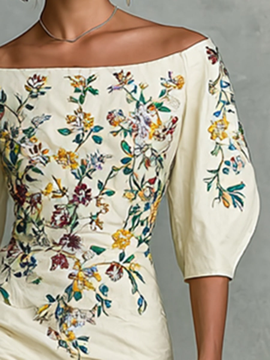 Jayna | Mid-length Dress with Floral Embroidery