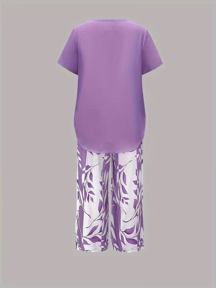 Casual Leaf Print Two Piece Set