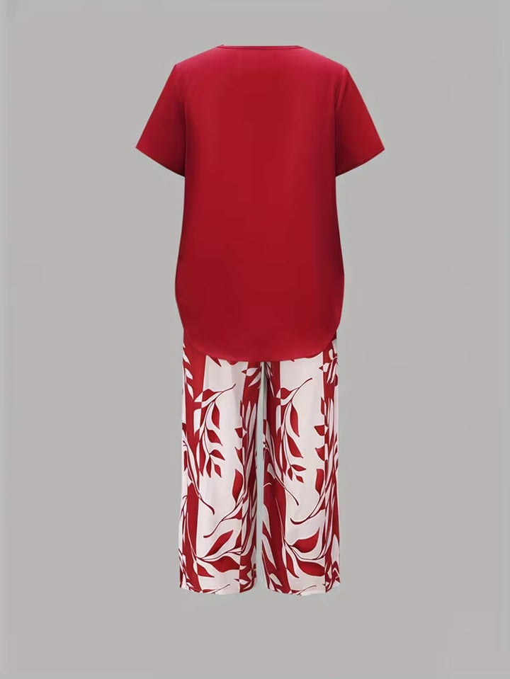 Casual Leaf Print Two Piece Set