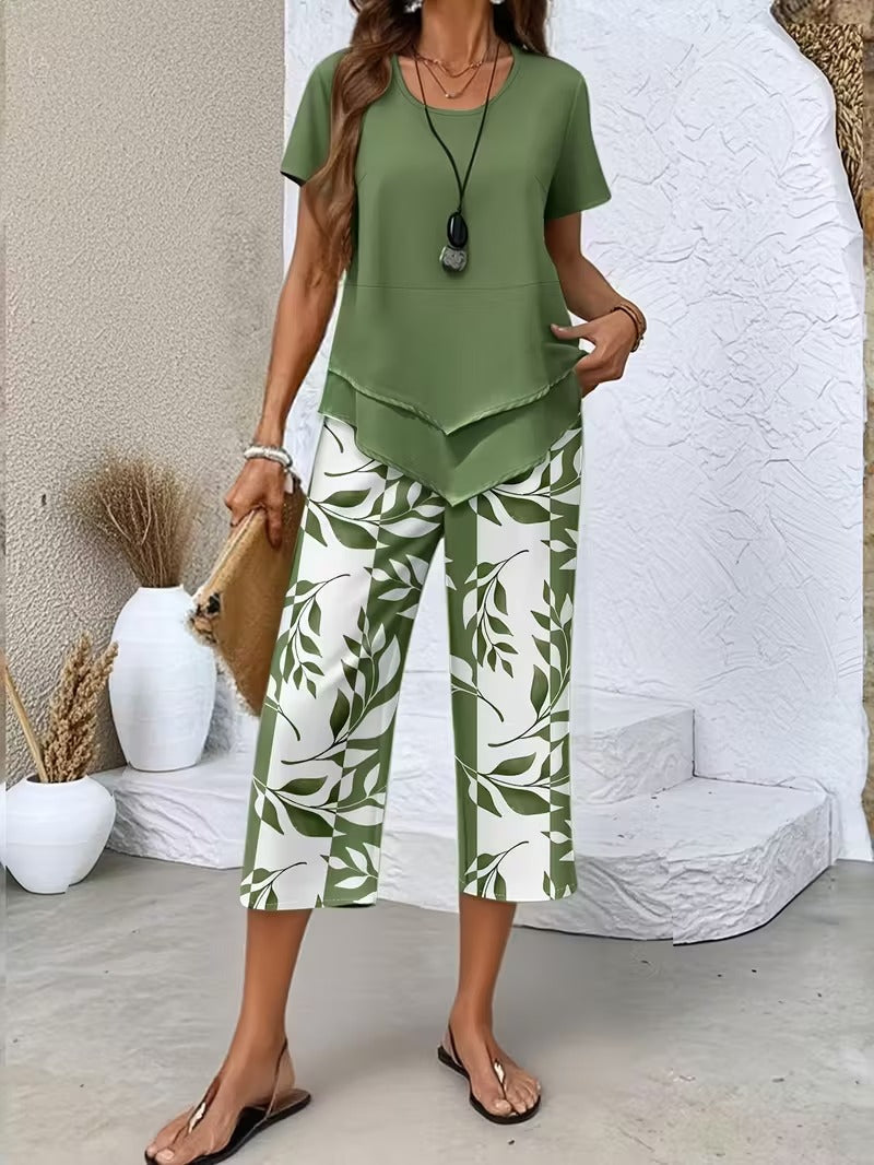 Casual Leaf Print Two Piece Set