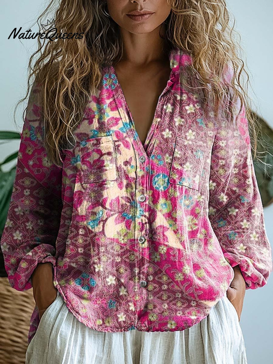 Women's Vintage Floral Art Print Casual Long Sleeve Comfortable Cotton Shirt