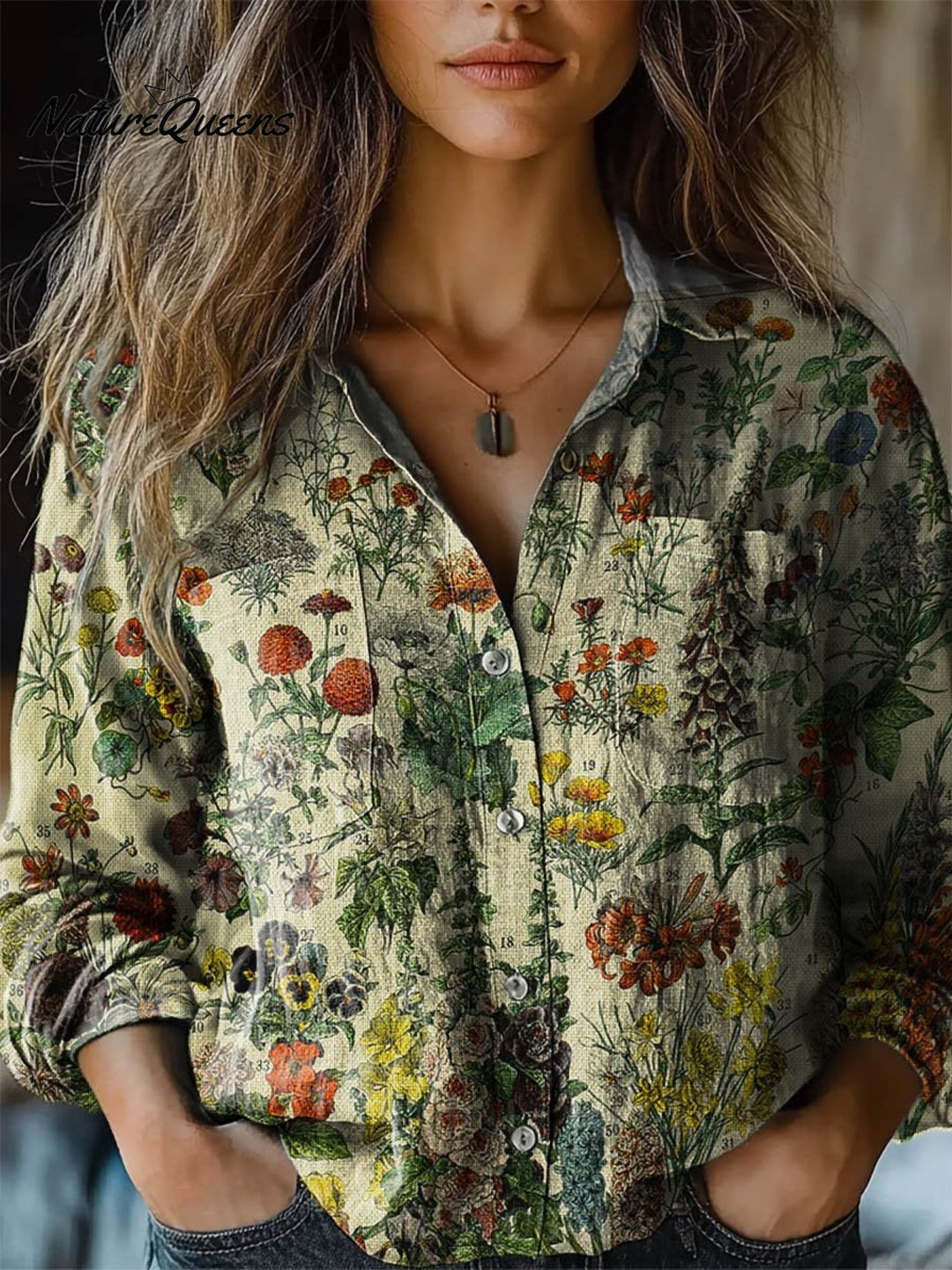 Women's Vintage Lovely Floral Art Print Casual Long Sleeve Comfortable Cotton Shirt