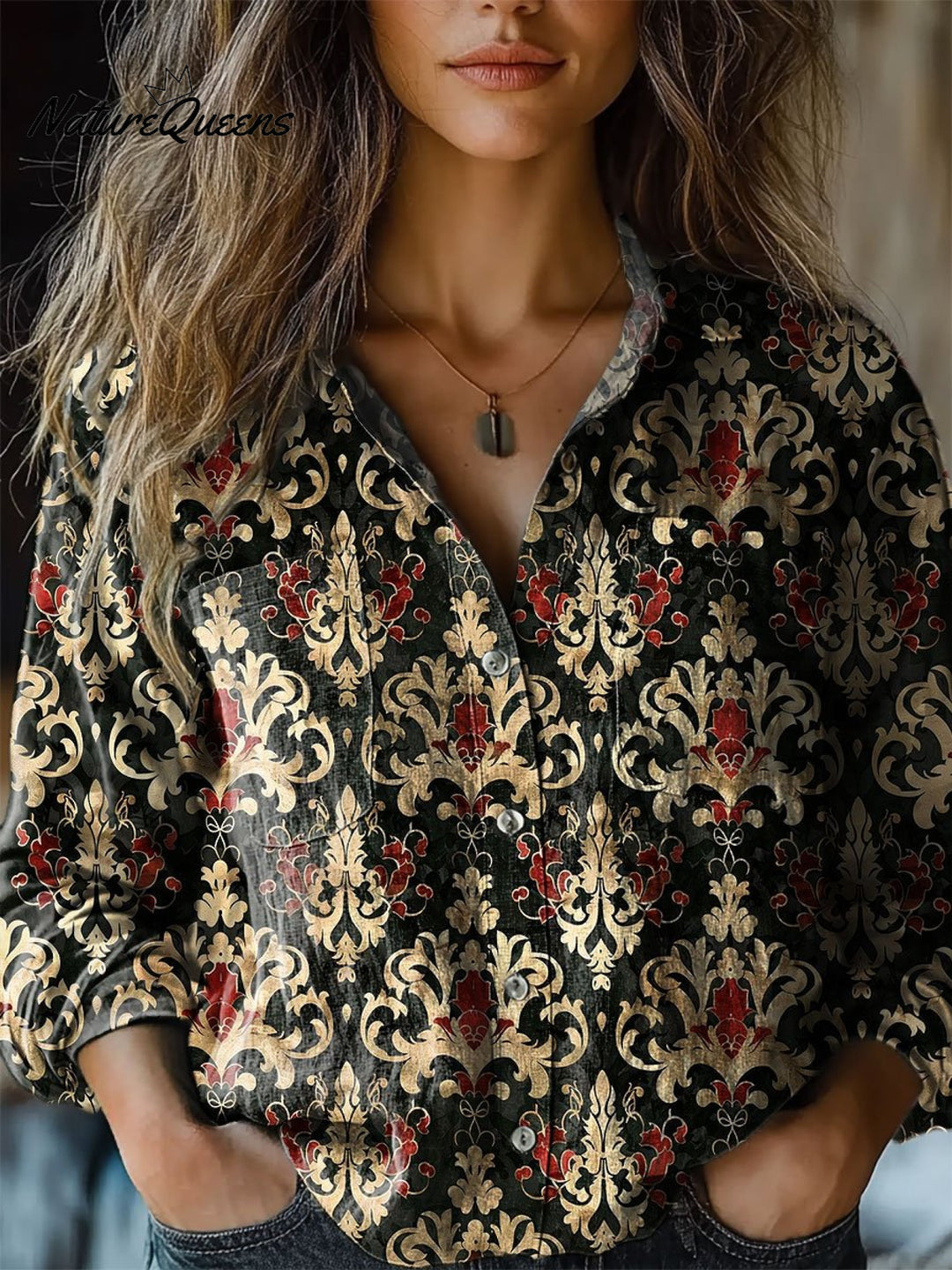 Women's Retro Flowers Print Casual Long Sleeve Comfortable Cotton Shirt
