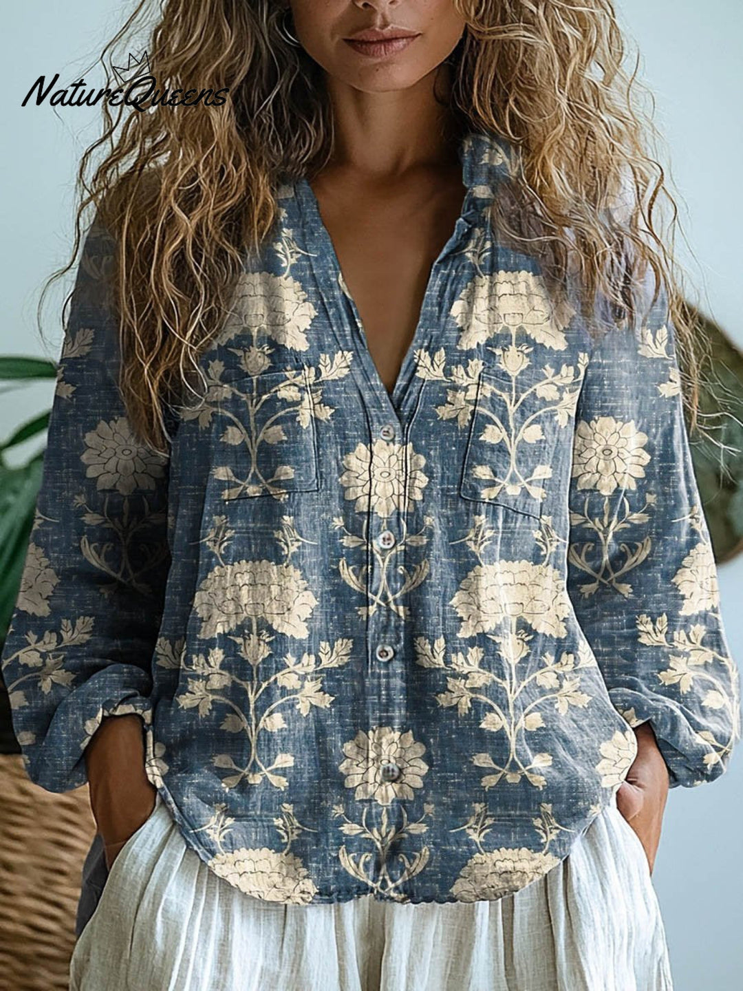 Women's Vintage Lovely Floral Art Print Casual Long Sleeve Comfortable Cotton Shirt