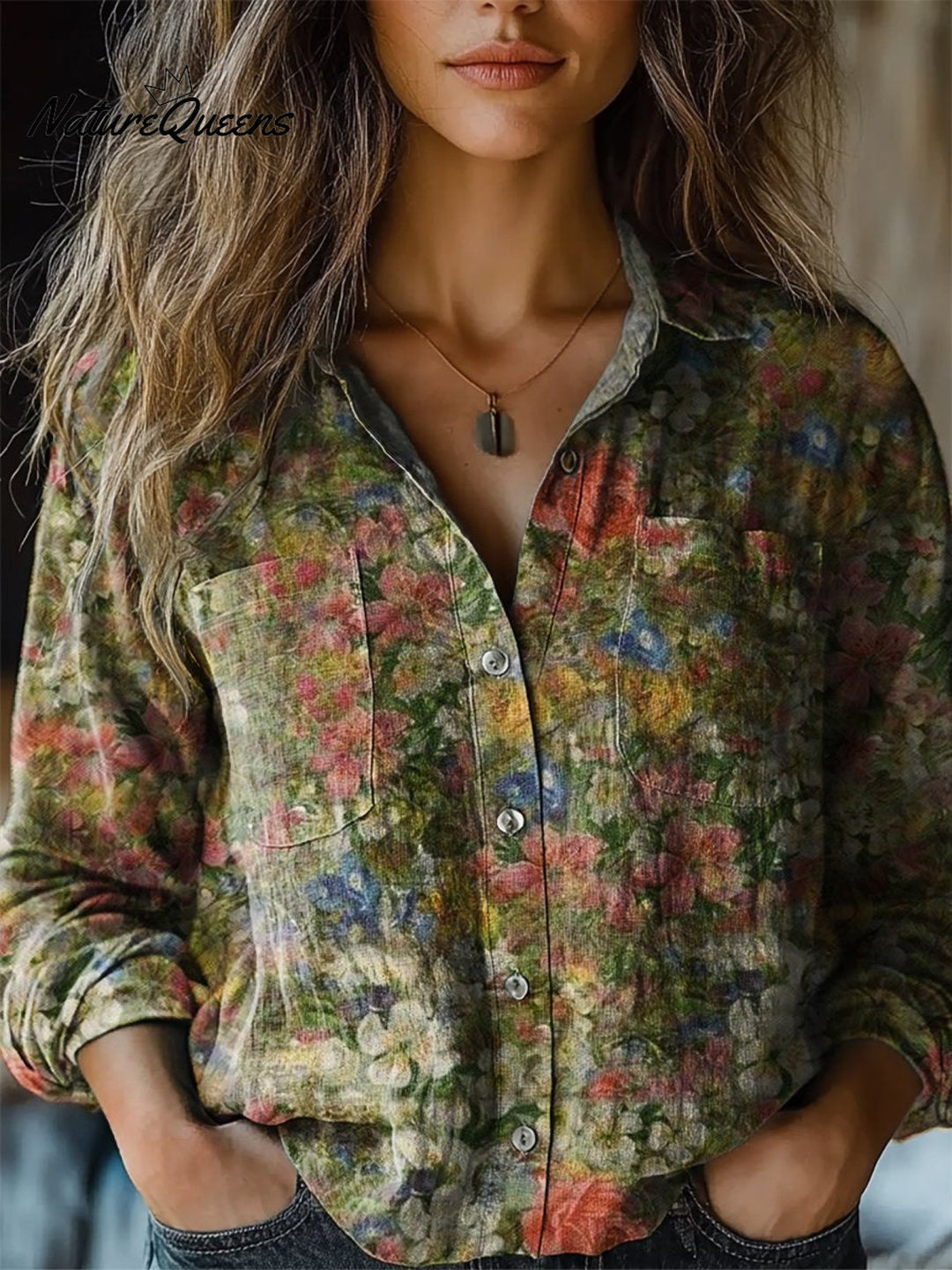 Women's Vintage Folk Floral Art Print Long Sleeve Comfortable Cotton Shirt