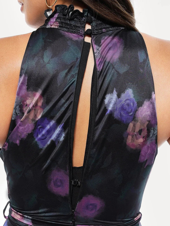 Draped High Neck Sculpting Floral-Print Maxi Dress