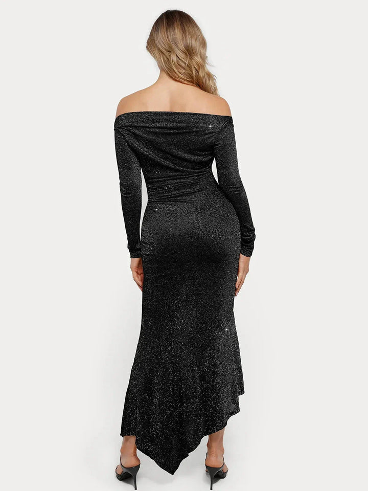 Shapewear Metallic Knit Long Sleeve Slim Mermaid Maxi Dress