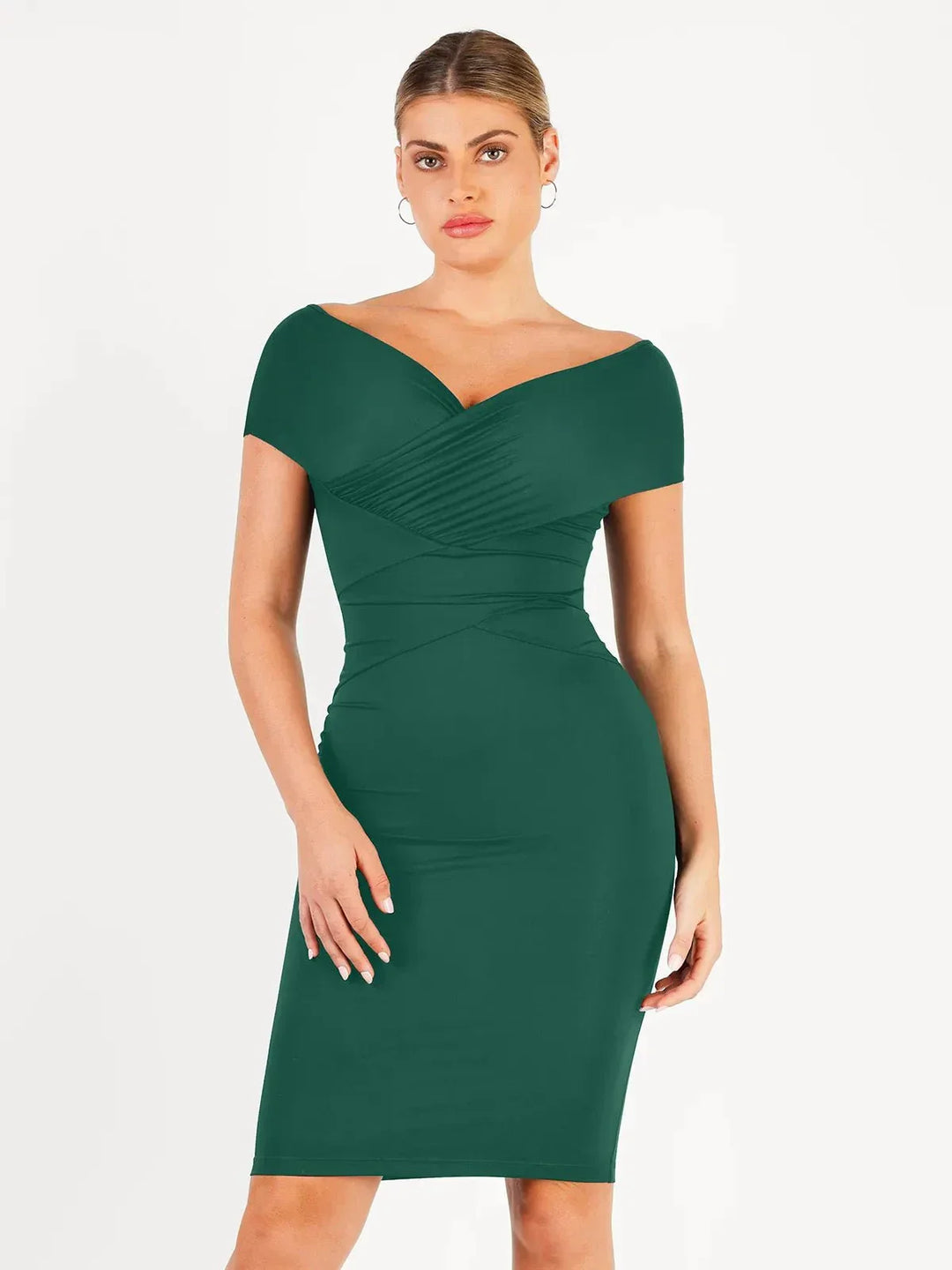 Shapewear Ruched Off-Shoulder Sculpting Midi Dress